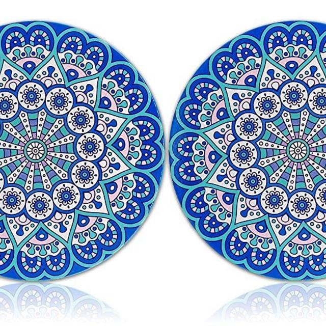 Ceramic Stone Trivet for Hot Pots and Pans, Heat Resistant Mats with Beautiful Sun Flower Pattern and Scratch Proof Cork Base, Gifts for Friends, Round 7.9 Inch Set of 2 …
