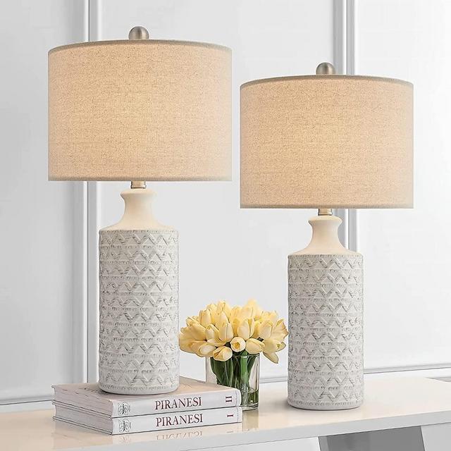 PoKat 24.75’’ Modern Contemporary Ceramic Table Lamp Set of 2 for Living Room White Desk Decor Lamps for Bedroom Study Room Office Farmhouse Bedside Nightstand Lamp End Table Lamps