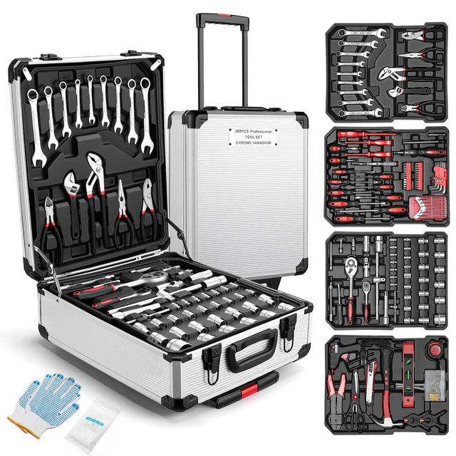 SUGIFT 399-Piece Home Repair Tool Set, Non Powered Hand Tool Set with Carrying Case and Wheels Silver