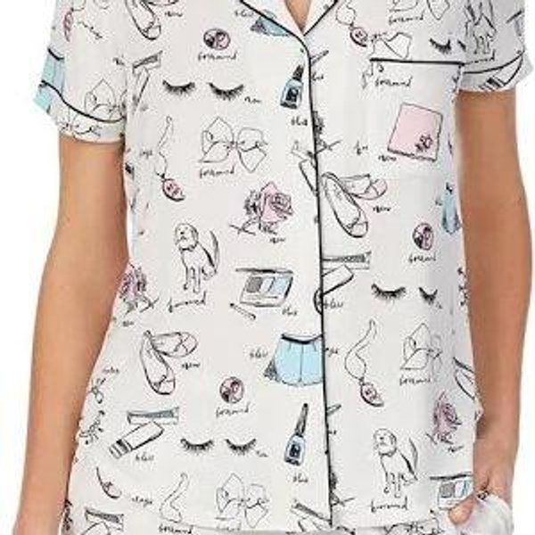 kate spade Printed Notch Collar Short Sleeve Jersey Knit Shorty Bridal Pajama Set