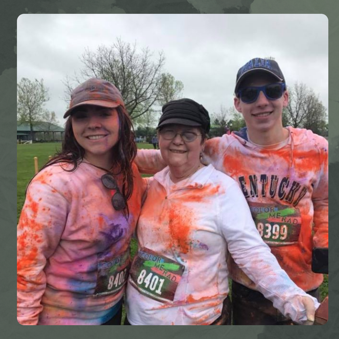 Color run with Malloy, Lance (brother), and Betty ("Grandmommy"). I swear we didn't beat her up, she got the black eye from a fall and still wanted to enjoy the color run with us!