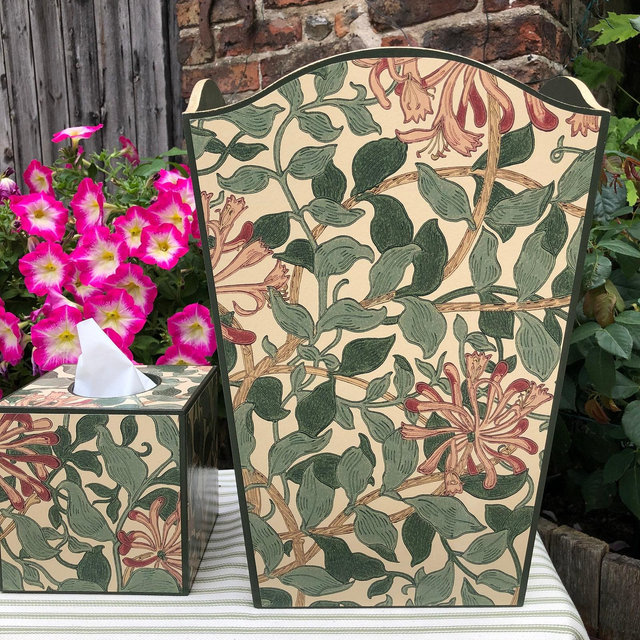 Honeysuckle Morris and Co Scalloped Trash Can waste paper bin & tissuebox cover basket, bedroom bin, office bin. Handmade gift