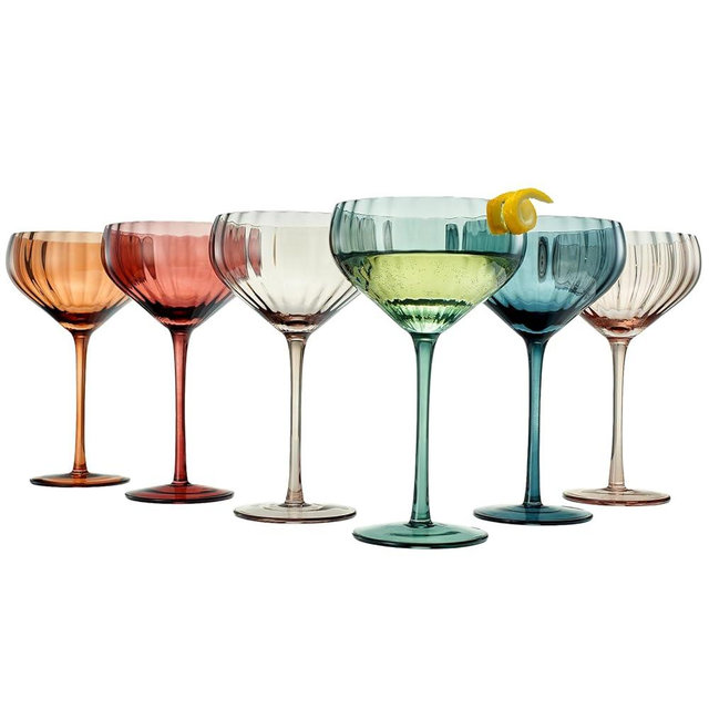 Khen Colored Vintage Art Deco Glasses - Martini, Margarita, Cocktail & Champagne Ribbed Glasses | Set of 6 | Cute Pastel Crystal Cocktails Glassware, Stemmed Glassware Gift - Modern Coupe 9.6oz