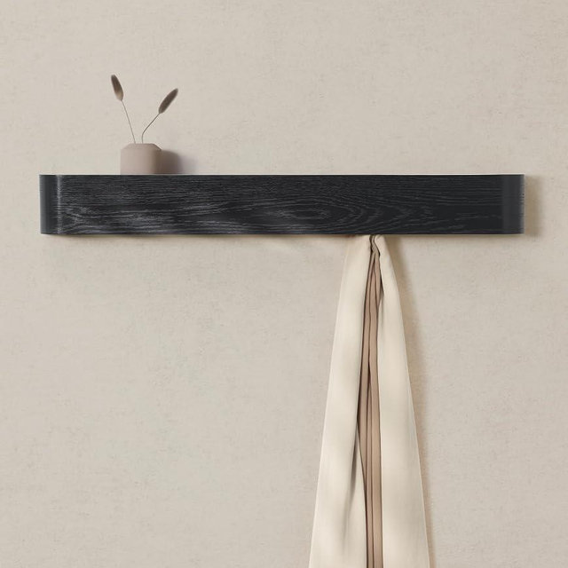 Kazai. Wall-Mounted Coat Rack 'Toke' - Modern Design Coat Rack with Hidden Wall Hooks - Solid Wood Veneer Panel Coat Hanger - Oak, Black