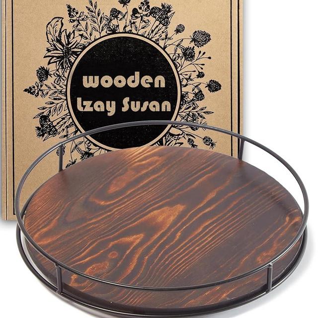 12 Inch Wood Lazy Susan Turntable for Table, Kitchen Rustic Brown Turntable Organizer with Steel Frame, 360 Degree Decorative Turntable for Countertop Cabinet or Centerpieces