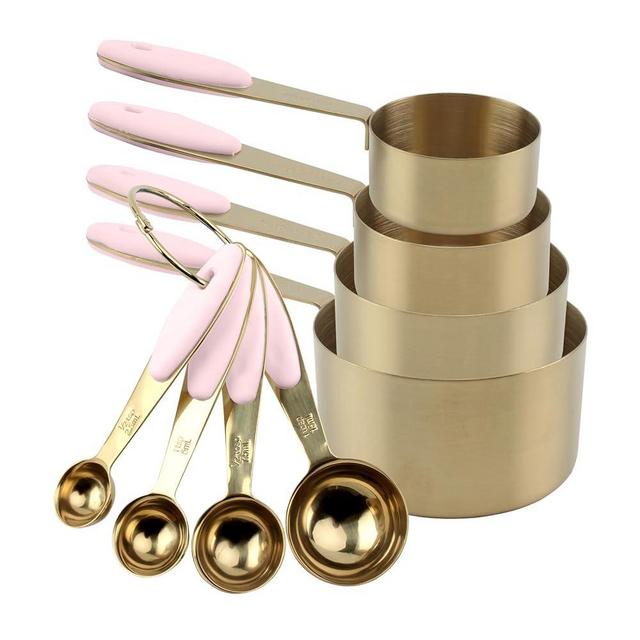 COOK WITH COLOR Measuring Cups Set and Measuring Spoon Set, Stainless Steel Handles, Nesting Kitchen Measuring Set, Liquid Measuring Cup Set, 8 PC Gold, Pink