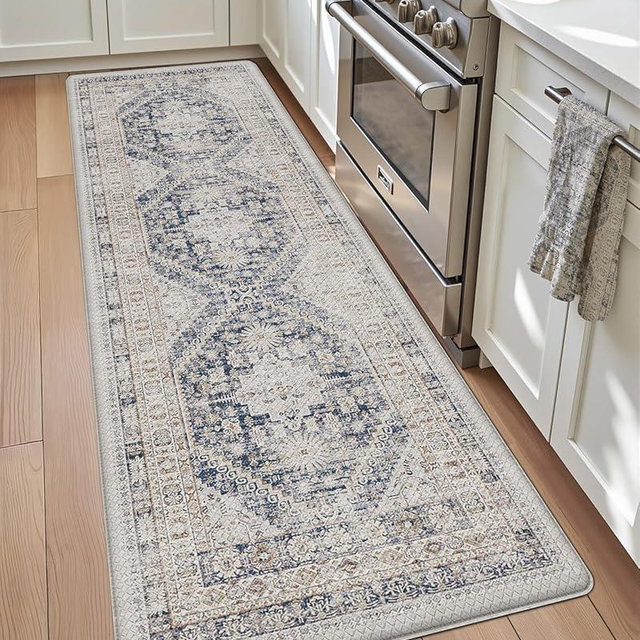 DEXI Kitchen Floor Mats Anti Fatigue, 23x86 Large Long Cushioned Vintage Runner Rug Waterproof, Standing Comfort Memory Foam Padded for Front Sink Laundry Office, White