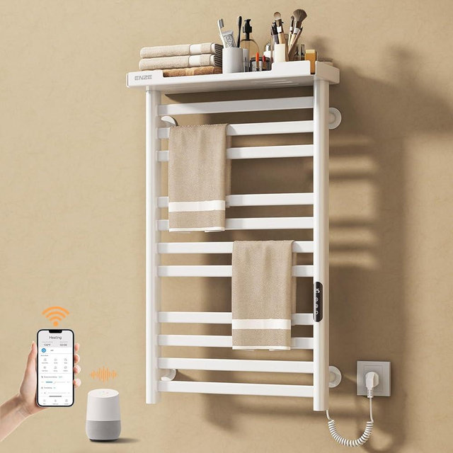 ENZE Smart Heated Towel Rack, 11-Bar Wall-Mounted Electric Towel Warmer with Shelf, Wi-Fi App Control, Adjustable Temperature & 24H Timer, Low Carbon Steel, IPX5, Plug-in/Hardwired, White