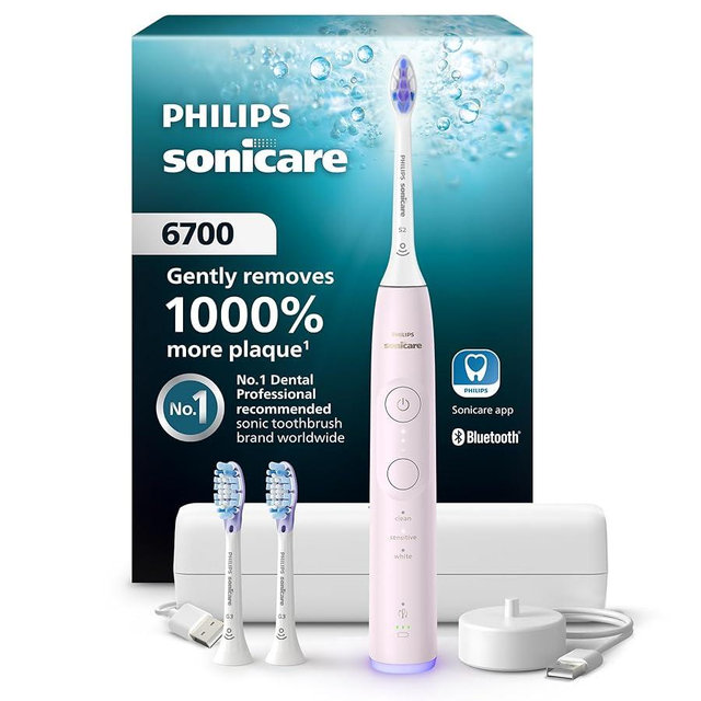 Philips Sonicare 6700 Series Electric Toothbrush - Next-Generation Sonicare Technology, Pressure Sensor, 9 Brushing Settings, SmarTimer, 21-Day Runtime, Travel Case, Light Pink, HX7412/04