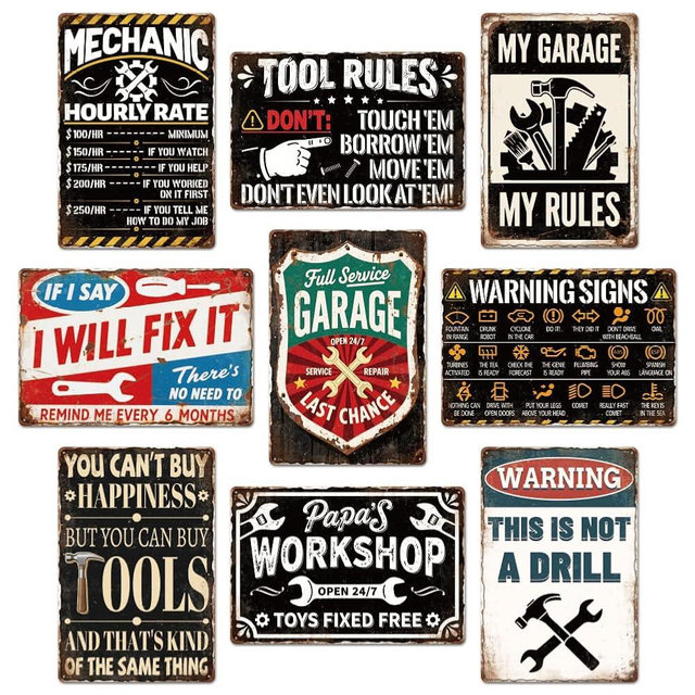 GLASSWINDS 9 Pcs Vintage Garage Signs Mechanic Accessories, Man Cave Decor, Funny Garage Metal Tin Signs, My Rules Car Wall Decor 8 X 12 Inch Mechanic Gifts For Men Dad&Husband Mechanics Shop Sign