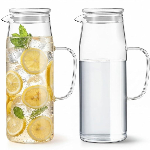 Hsei 2 Sets Glass Pitcher with Lid, 67.6 oz / 2000 ml Water Carafe with Handles Hot Cold Beverage Water Jar Glass Jug for Tea Juice Milk Coffee Iced Beverage (Glass Lid)
