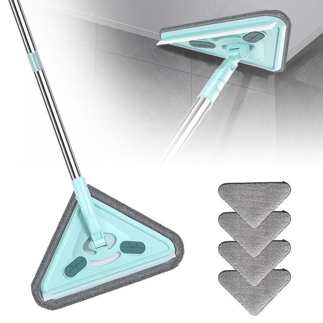 Multifunctional Triangle Mop, 2024 New 360° Rotatable Adjustable Cleaning Mop, Wet and Dry Triangular Window Squeegee Mop for Bathroom Floor Wall Bed Bottom Ceiling (Including 4 Cloth)