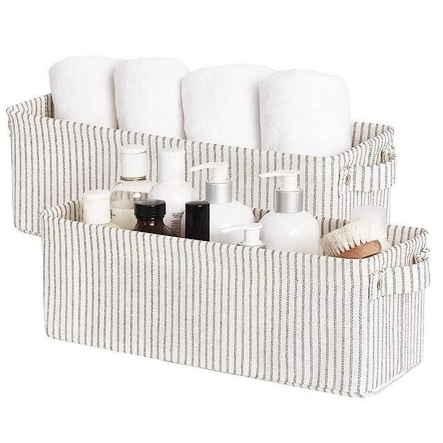 StorageWorks Narrow Storage Bins, Small baskets for Organizing, Long Storage Basket with Handles, Fabric Storage Bins for Shelf, Gray and White Stripes, 2-Pack