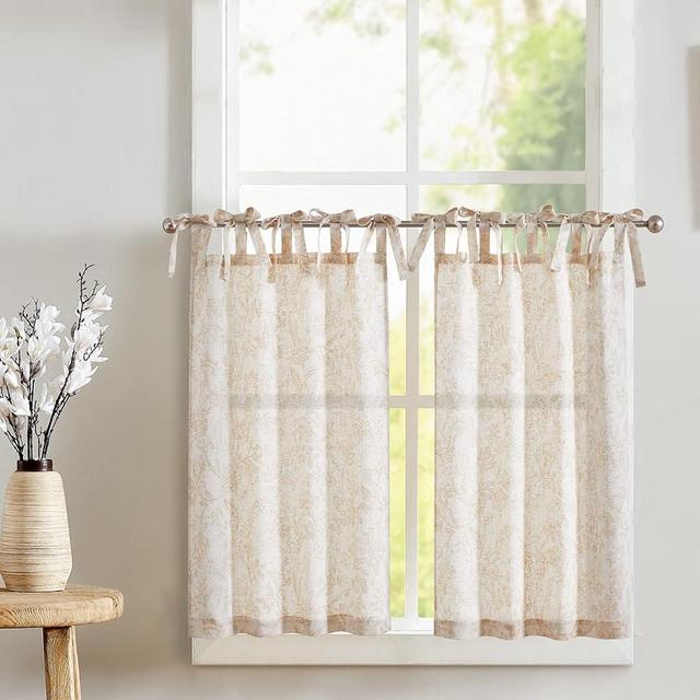 jinchan Linen Kitchen Curtains Floral Tier Curtains 36 Inch Farmhouse Cafe Curtains Tie Top Botanic Small Window Curtains for Country Rustic Laundry Room Bathroom RV 2 Panels Taupe on Beige