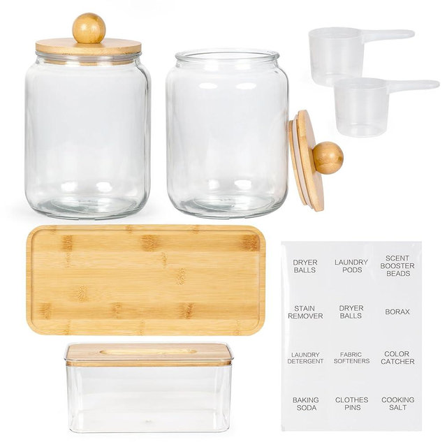 Glass Laundry Jars with Airtight Lids - Kitchen & Laundry Room Organization Containers with Dryer Sheet Holder, Multipurpose Bamboo Tray - Laundry Detergent Powder Storage Canisters with Labels