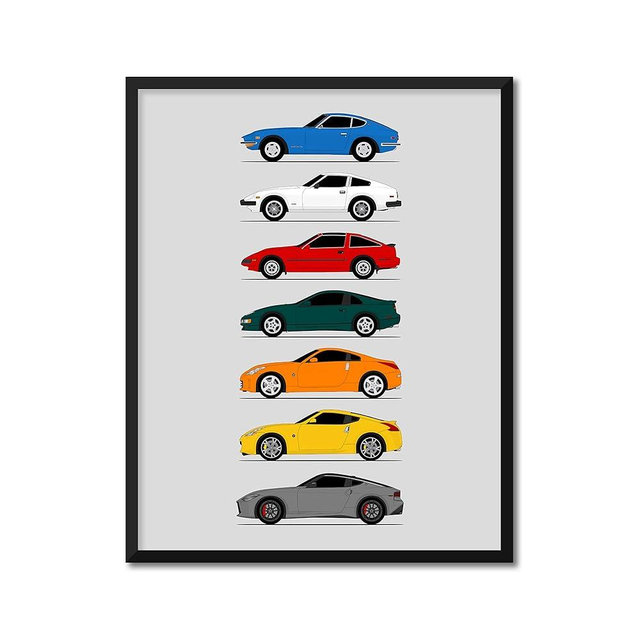 Custom Car Posters Handmade Poster compatible with Nissan Z Car Generations (Side Profile) Print Art Decor the Datsun Fairlady Z (240Z 280ZX 300ZX 350Z 370Z Z) - Multi 11x14 Metallic Print (Unframed)