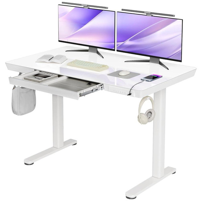 Claiks Glass Standing Desk with Drawers, 48×24 Inch Adjustable Stand Up Desk, Quick Install Home Office Computer Desk with USB Ports, White