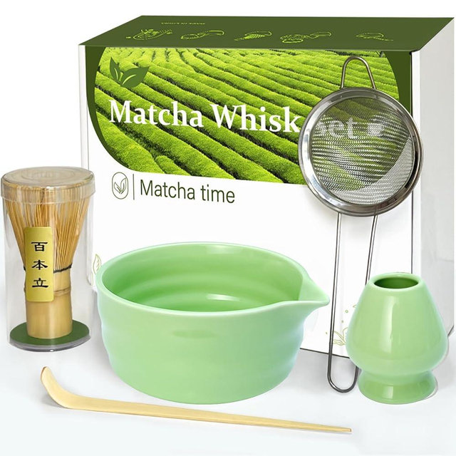 Vaiheng Matcha Whisk Set with Matcha Bowl, Matcha Whisk Holder Matcha Bamboo Whisk, Scoop, Sifter, Unique Gifts for Women Men Girl Friend Home Kitchen Decor（Light Green）
