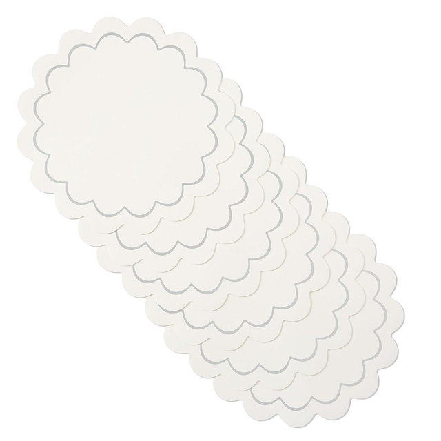 kate spade new york Scallop Edge Round Reversible Placemats 6-Pack Set, Imitation Leather with Metallic Print, Water Resistant, Easy Wipe Clean, White/Silver, 15" Round