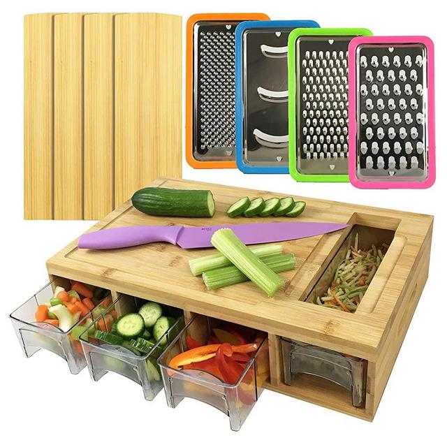 OLOZIQ Bamboo Cutting Board with Trays and Lids Storage Containers – Multifunction Easy Chopping Meal Prep Station with Juice Grooves – 4 Multi-Functional Graters Included with Food Sliding Opening
