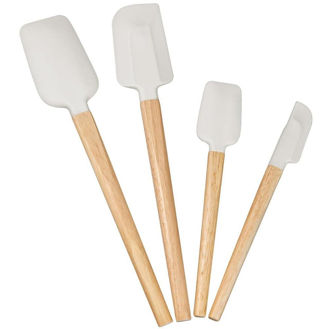 Silicone Scraper, Food Grade Silicone Scraper Set, Wooden Handle, 428°F Heat Resistance, Suitable for Baking, Cooking Mixed Foods, 4 Piece Scraper Set Including Spoon & Jar Scraper