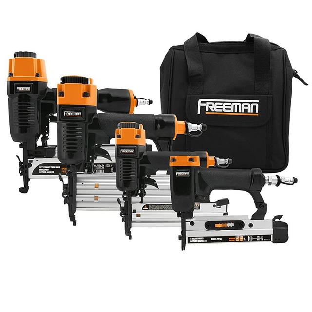 Freeman P4FNCB Pneumatic Finishing Stapler and Nailer 4-Piece Combo Kit with Canvas Bag and Fasteners, Black with Orange
