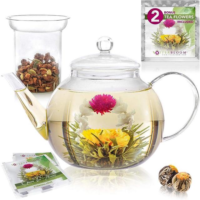 Teabloom Stovetop & Microwave Safe Teapot (40 OZ) with Removable Loose Tea Glass Infuser – Includes 2 Blooming Teas – 2-in-1 Tea Kettle and Tea Maker