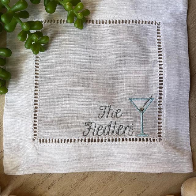 Hemstitch Linen Cocktail Napkins with Martini Glass and Personalization| Embroidered Cocktail Napkins | Set of 4 | Waterside Linen Co