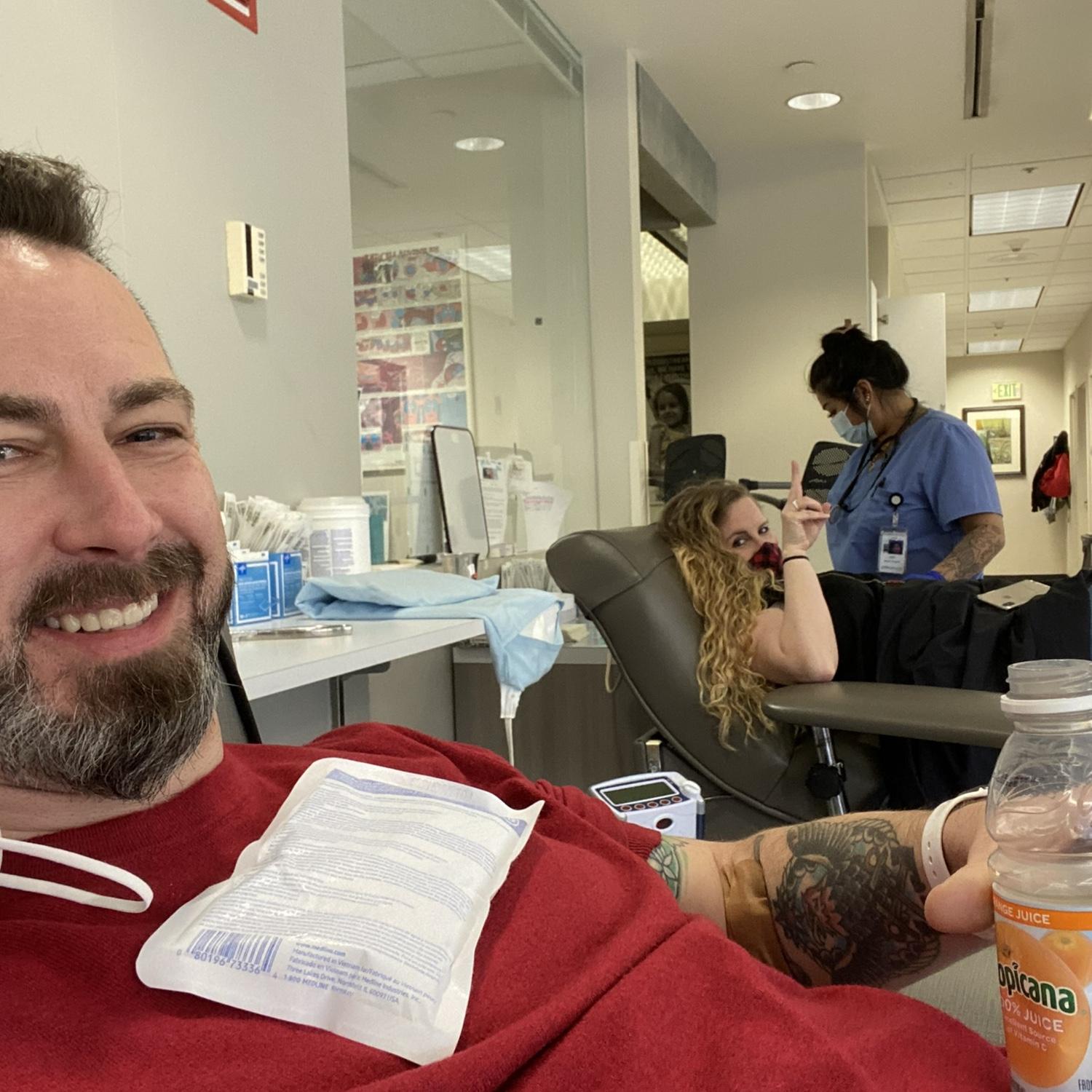 Our first time donating blood together in remembrance of the victims of the shooting at Virginia Tech on April 16th, 2007.