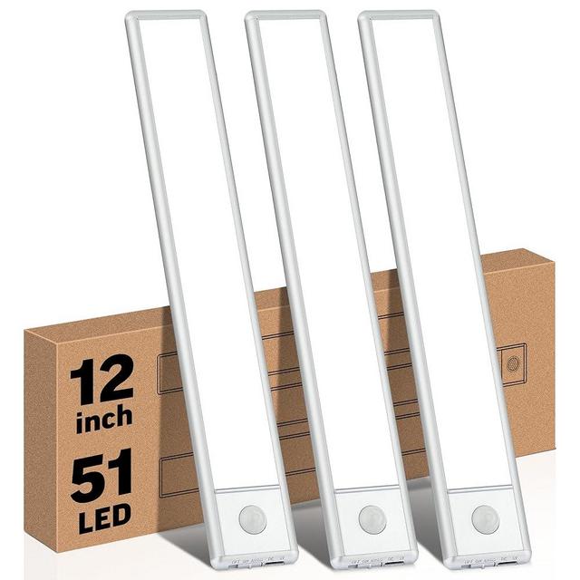 YLXS 51-LED Motion Sensor Under Cabinet Lights, 12-inch Magnetic Rechargeable Under Counter Closet Lights, Wireless Night Light Bar for Kitchen Wardrobe Cupboard Stairs Bedroom, 3-Pack, Cool White