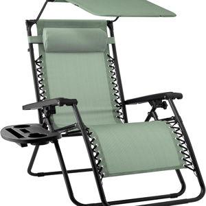Best Choice Products Folding Zero Gravity Outdoor Recliner Patio Lounge Chair w/Adjustable Canopy Shade, Headrest, Side Accessory Tray, Textilene Mesh - Sage Green
