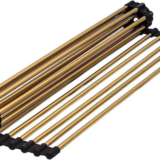 Strictly Sinks Stainless Steel Dish Drying Rack – Gold 21 X 13 Inches Roll Up Dish Drying Rack – Multipurpose Foldable Over The Sink Kitchen Drainer, Countertop Cooling Rack