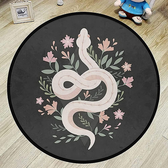 Round Flowers Area Rug - Snake Non-Slip Black Rugs Floor Mat Washable Soft Floor Carpet for Living Room Absorbent Round Yoga Mat 3 Feet Diameter