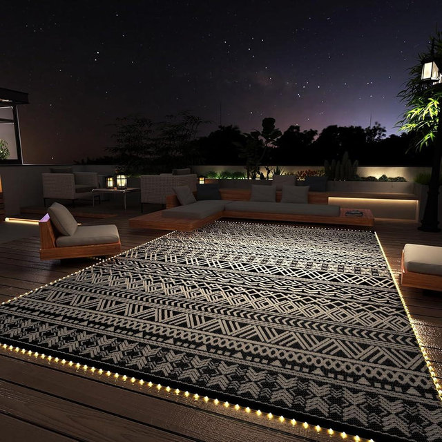 MontVoo-Outdoor Rug Carpet 9x12 ft for Patio RV Camping with Led Strip Lights Waterproof Plastic Straw Rug Reversible Portable Outside Indoor Outdoor Rug Mat for Patio Decor Balcony Picnic-Boho Rug