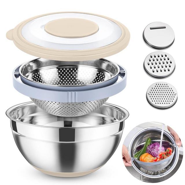 TeamFar Colander with Mixing Bowl Set, 4-1 Stainless Steel Salad Bowl Strainer with Airtight Lid & 3 Grater Attachments, For Filtering/Prepping, Healthy & Faster Drainage – Khaki