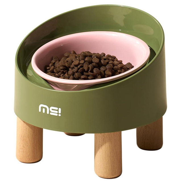 MS!MAKE SURE Ceramic Elevated Cat Bowls with Wooden Stand, Adjustable Raised Pet Bowls for Small Dogs & Cats, Anti - Slip Rubber Pad, Leak - Proof, Lead & Cadmium Free, Whisker - Friendly, Pink-Green