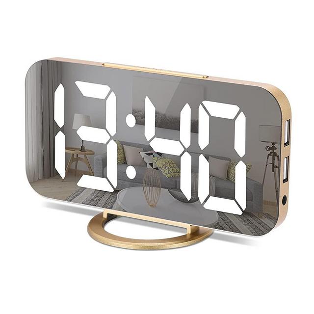 Digital Alarm Clock, Bedroom Decor, LED Mirror Desk Clock Large Display for Heavy Sleepers, Dual USB Charger Ports, 3 Level Brightness, Electronic Clock for Bedroom Home Living Room Office(Gold)