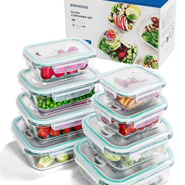 BOROHOUSE 8-Piece Borosilicate Glass Food Storage Containers Set with Airtight Lids – Oven, Microwave & Freezer Safe, Leak-Proof, BPA-Free – Baking, Meal Prep & Gift Box