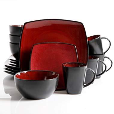 Gibson Elite Soho Lounge 16-Piece Square Reactive Glaze Dinnerware Set, Red