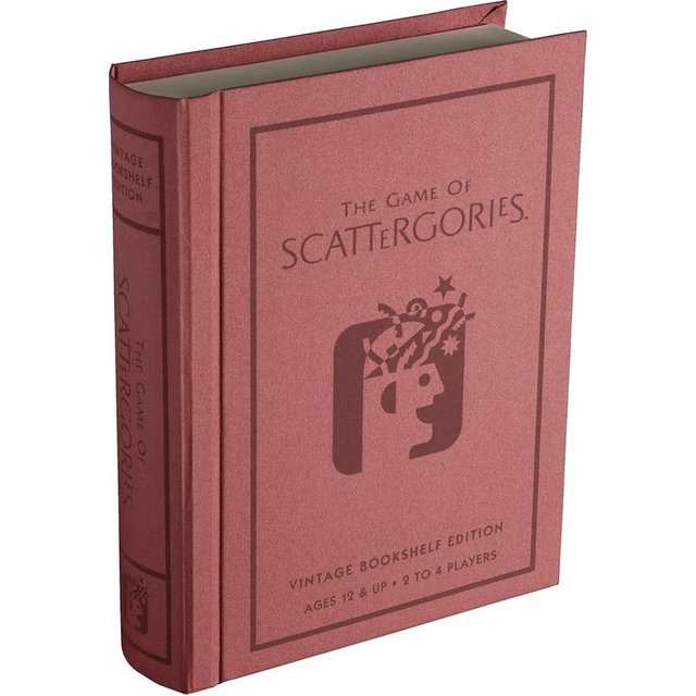 WS Game Company Scattergories Vintage Bookshelf Edition Linen Fabric-Wrapped Book Case with Integrated Storage & 1988 Retro Graphics - Classic Board Game for Family Night, 2-4 Players, Ages 12+