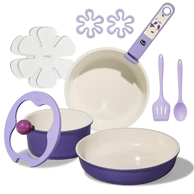 CAROTE 11pcs Ceramic Cookware Set, Pots and Pans Set Non stick, Induction Kitchen Cookware with Removable Handle, RV Dishwasher ＆ Oven Safe, RV/Camping Cookware, PFOA Free, Purple
