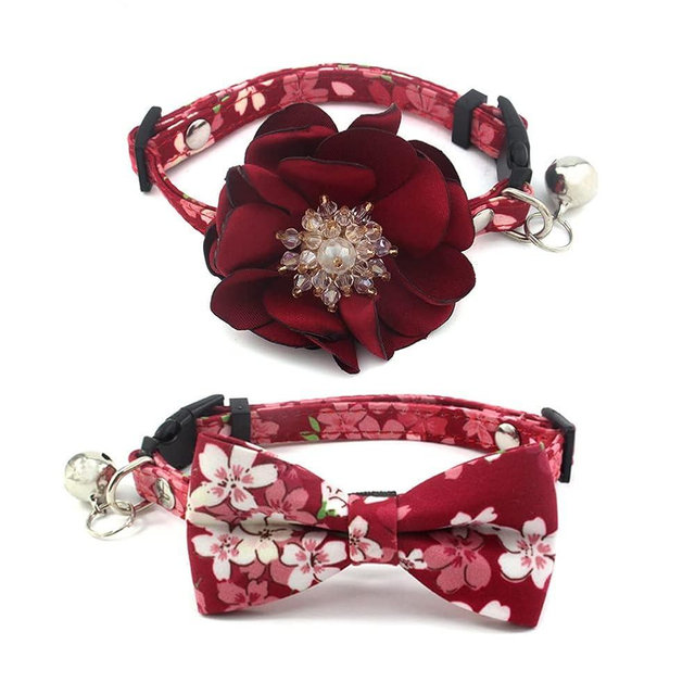 PETFAVORITES Flower Dog Cat Collar for Small Dogs Girl Cats- 2 Pack Cute Floral Female Puppy Collars with Removal Bowtie and Luxury Crystal Pistil Studded Flower Charm (Red Sakura, Size S)