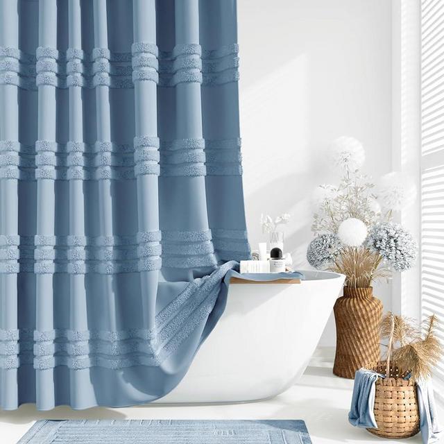 Dynamene Moonlight Blue Fabric Shower Curtain, Tufted Chenille Striped Cloth Shower Curtain for Bathroom, Modern Farmhouse Shabby Chic Waterproof Shower Curtain Set with Hook, Machine Washable, 72x72