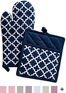 DII Cotton Lattice Oven Mitt 13 x 7" and  Pot Holder 9 x 8" Kitchen Gift Set, Machine Washable and Heat Resistant for Cooking & Baking-Nautical Blue