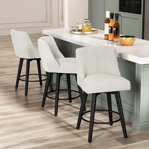 Counter Height Bar Stools, 26" H Seat Height Swivel Barstools Set of 3, Fabric Upholstered Modern Counter Stools with Back for Kitchen Island, Solid Wood Legs, Fabric in Ivory