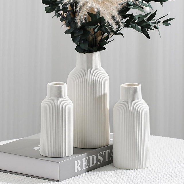 Hanaomaoyi White Ceramic Flower Vase, Pampas Grass Small Vase for Dining Table, Shelf Decor, Mantel, Entry Decor and Centerpieces, Minimalist Modern, Bohemian (White, L+M+S)