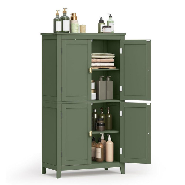VASAGLE Bathroom Floor Storage Cabinet, Bathroom Storage Unit, Freestanding Cabinet with 4 Doors, Adjustable Shelves, 11.8 x 23.6 x 43.3 Inches, Forest Green UBBC552C01