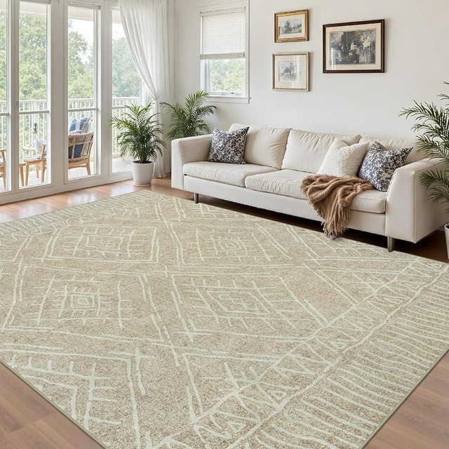 8x10 Area Rug for Living Room : Washable Rug Modern Geometric Soft Low Pile Non-Slip Stain-Resistant Carpet for Bedroom Dining Room Home Office - Beige