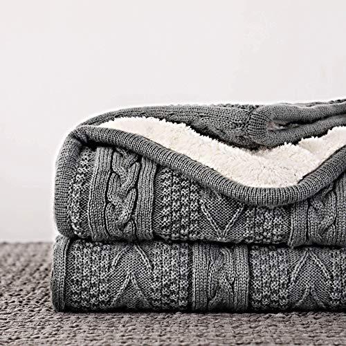 Longhui bedding Acrylic Cable Knit Sherpa Throw Blanket - Thick, Soft, Big, Cozy Grey Knitted Fleece Blankets for Couch, Sofa, Bed - Large 60 x 80 Inches Gray Coverlet, 5.2 Pounds