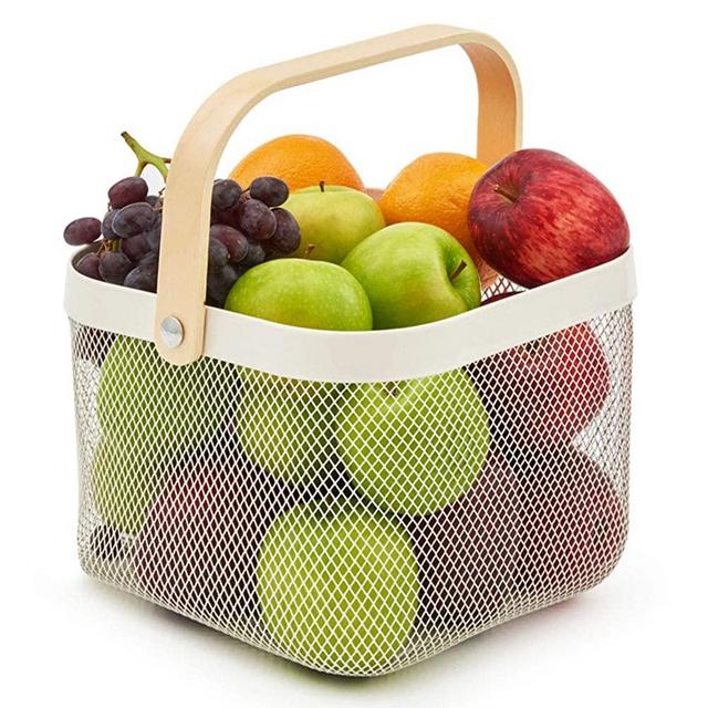 EZOWare White Mesh Steel Storage Organizer Basket Bin with Wood Handle Ideal for Kitchen Bathroom Pantry Cabinets Home Decor - White (1 Pack)